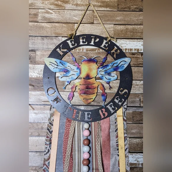 Keeper of the Bees Metal Boho Wall Hanging W Wooden Beads - Picture 2 of 6